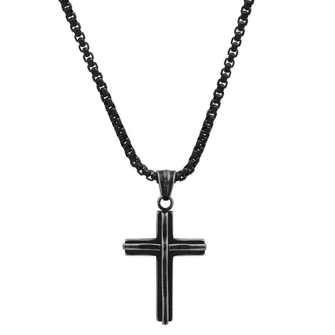 Mens Black IP Stainless Steel Cross Pendant Image 1