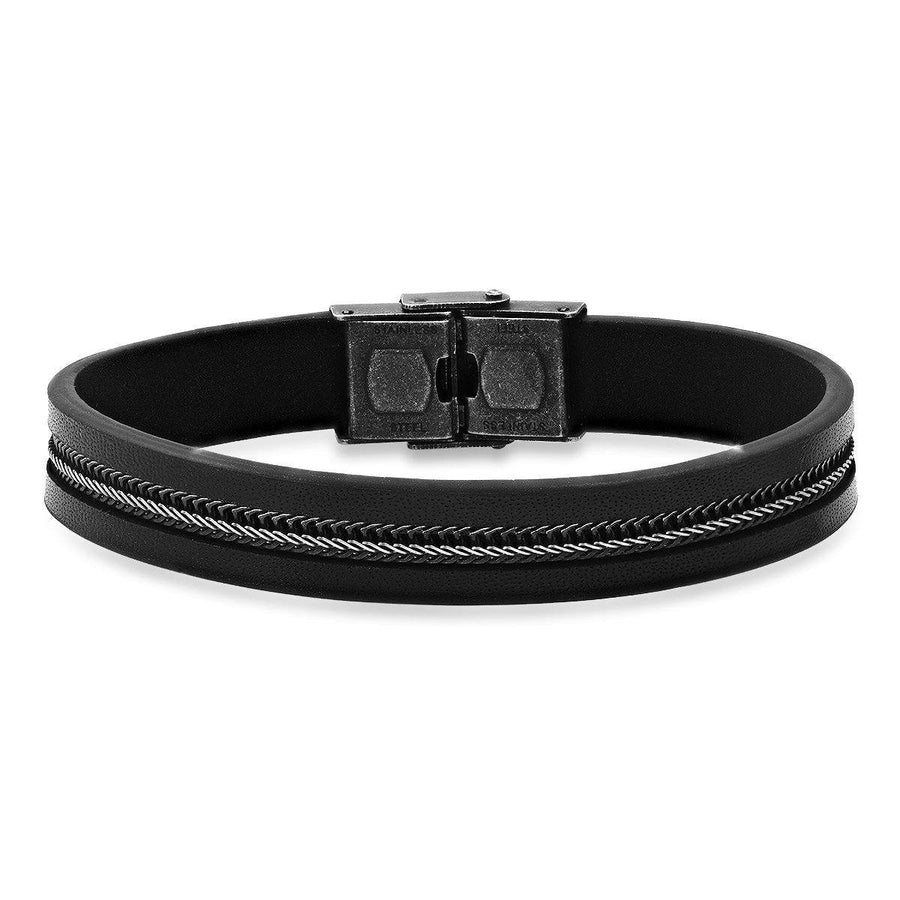 Mens Black Leather and Two Tone Black IP and Stainless Steel Inlay Wheat Chain Bracelet Image 1