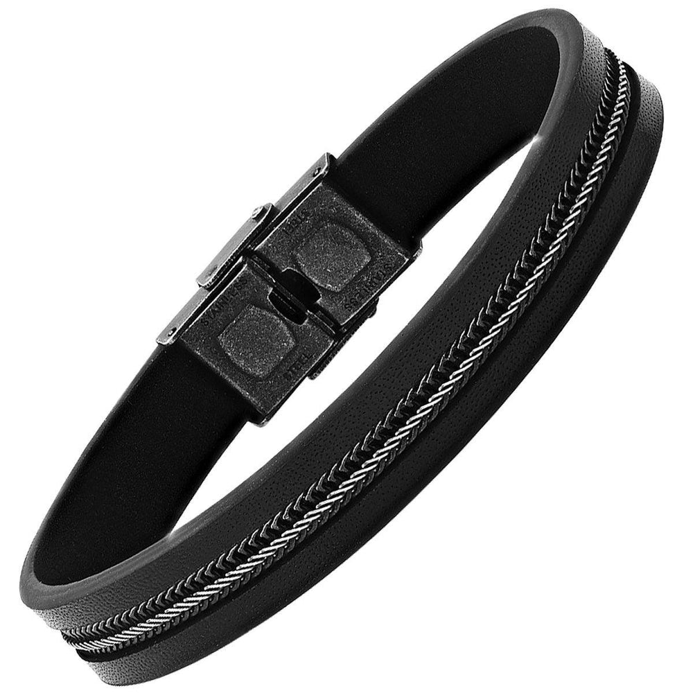 Mens Black Leather and Two Tone Black IP and Stainless Steel Inlay Wheat Chain Bracelet Image 2