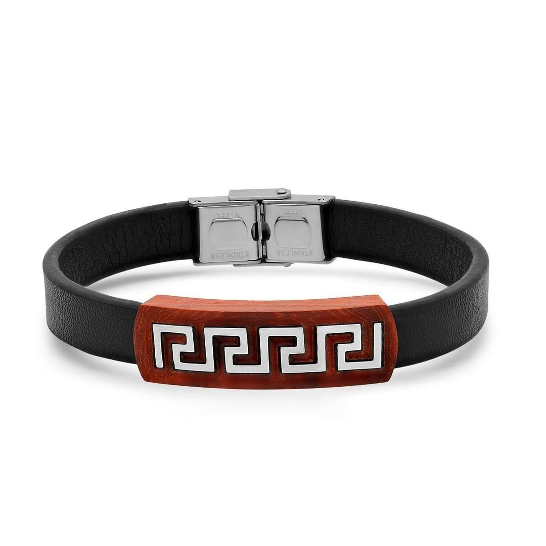 Mens Brown Leather Wood and Stainless Steel Greek Key Accents ID Bracelet Image 1