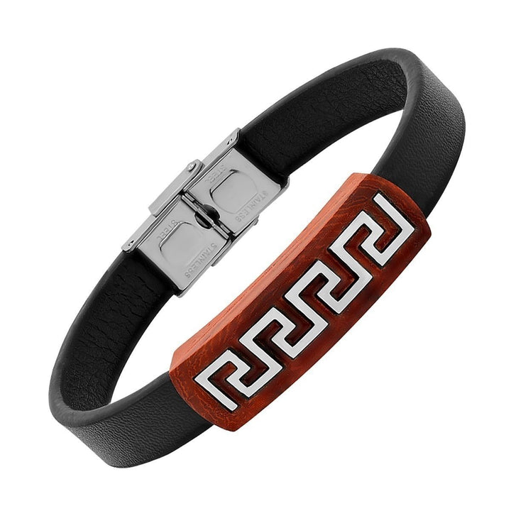 Mens Brown Leather Wood and Stainless Steel Greek Key Accents ID Bracelet Image 2