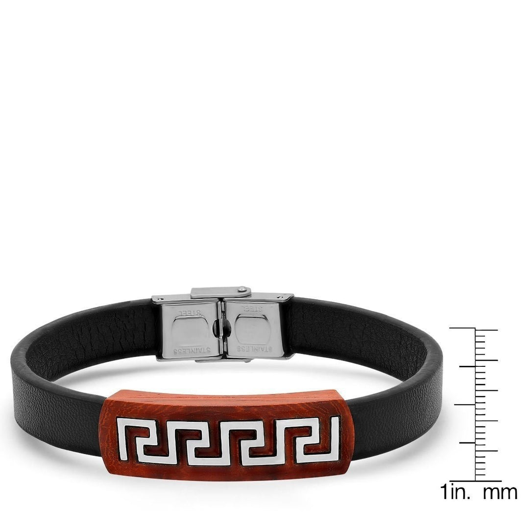 Mens Brown Leather Wood and Stainless Steel Greek Key Accents ID Bracelet Image 3