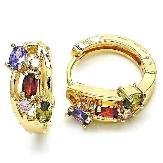 Multi Color Halo Huggie Oval Stones Earrings In Yellow Gold Filled High Polish Finish Image 1