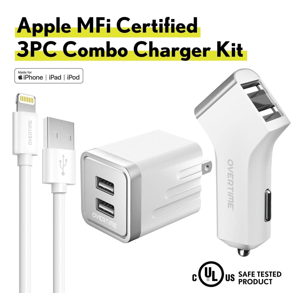 Overtime Home and Car Complete Charging Kit: Fast Wall and Car Chargers + Durable Lightning Cable Image 2