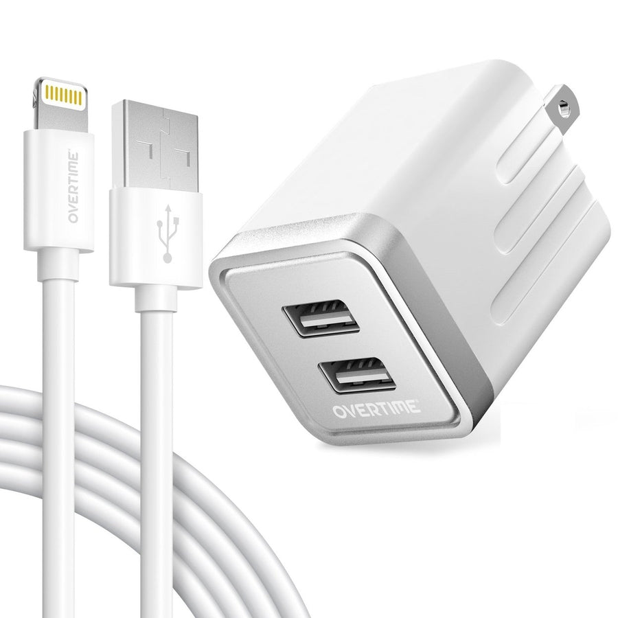 Overtime iPhone Charger Set Apple MFi Certified Lightning Cable 6ft with Dual USB Wall Charger Adapter - White Image 1