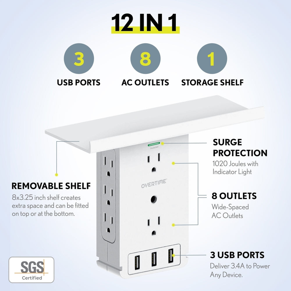 Overtime Outlet Extender with 8 AC and 3 USB Outlets Detachable Shelf Multi-Plug Outlet Extender with Surge Protector Image 2