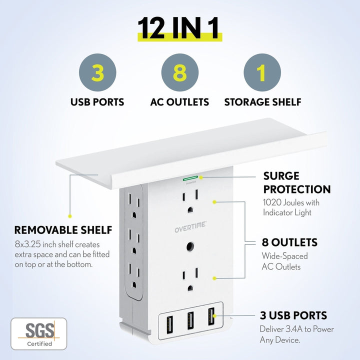 Overtime Outlet Extender with 8 AC and 3 USB Outlets Detachable Shelf Multi-Plug Outlet Extender with Surge Protector Image 2