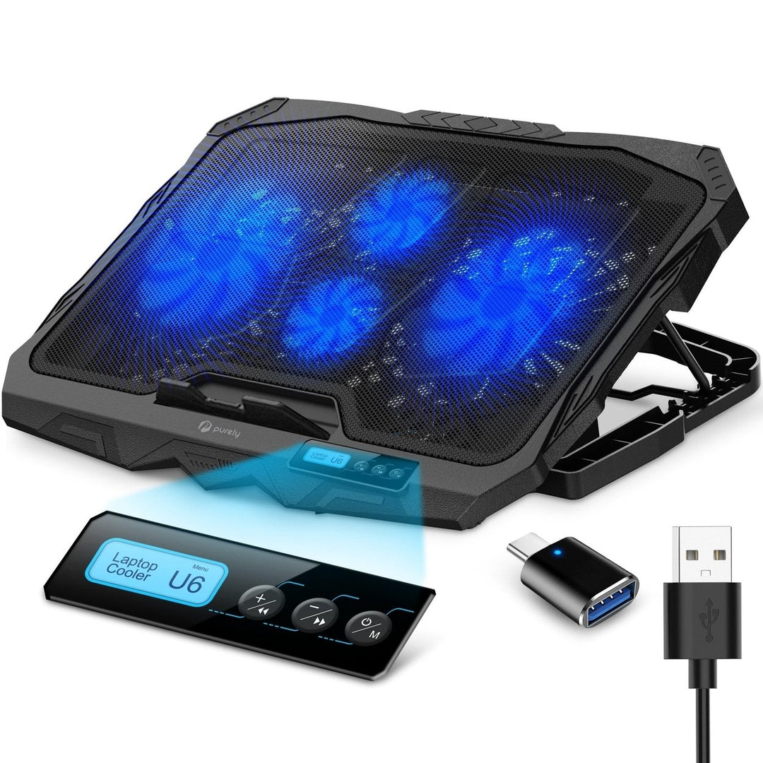 Purely Laptop Cooling Pad 6 Adjustable Height Laptop Stand 4 Fans: 3 Fan Modes + 6 Speeds LED Display 2 USB Ports Image 1