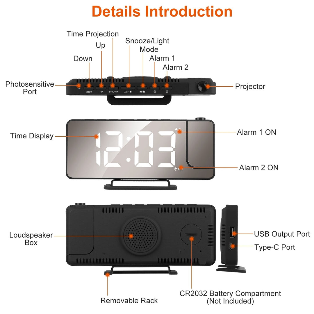 Projection Alarm Clock LED Digital Alarm Clock with Dual Alarms Snooze Image 7