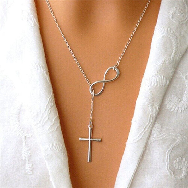 Silver Filled High Polish Finish Infinity Drop Cross Lariat Necklace Image 1