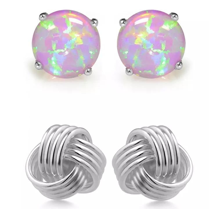 Solid Sterling Silver Love Knot And Pink Opal Earring Set Image 1