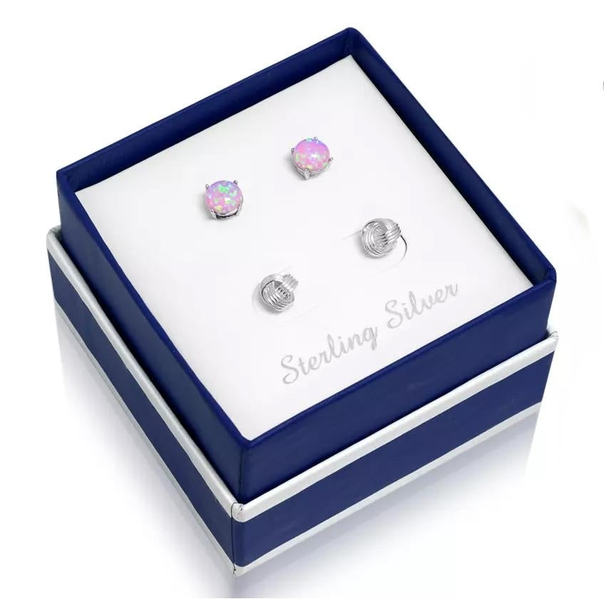 Solid Sterling Silver Love Knot And Pink Opal Earring Set Image 2