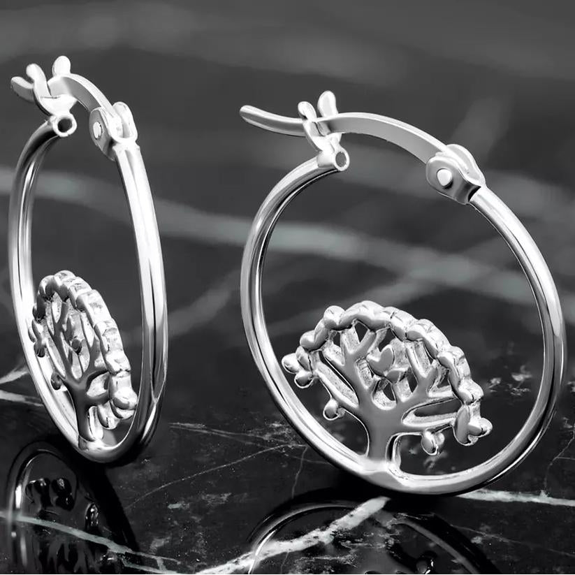 Sterling Silver Tree Of Life Hoop Earrings Image 1