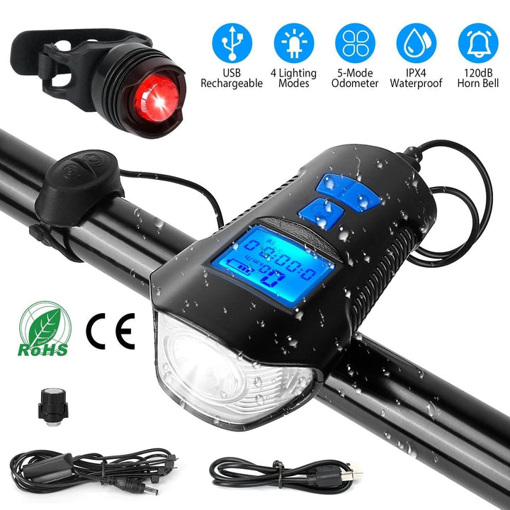 USB Rechargeable Bike Light Set with Speedometer and Odometer Image 6