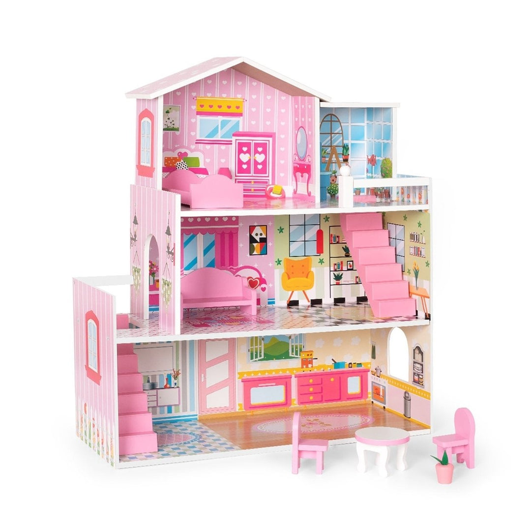 Wooden Dollhouse with Furniture Doll House Playset for Kids Image 1