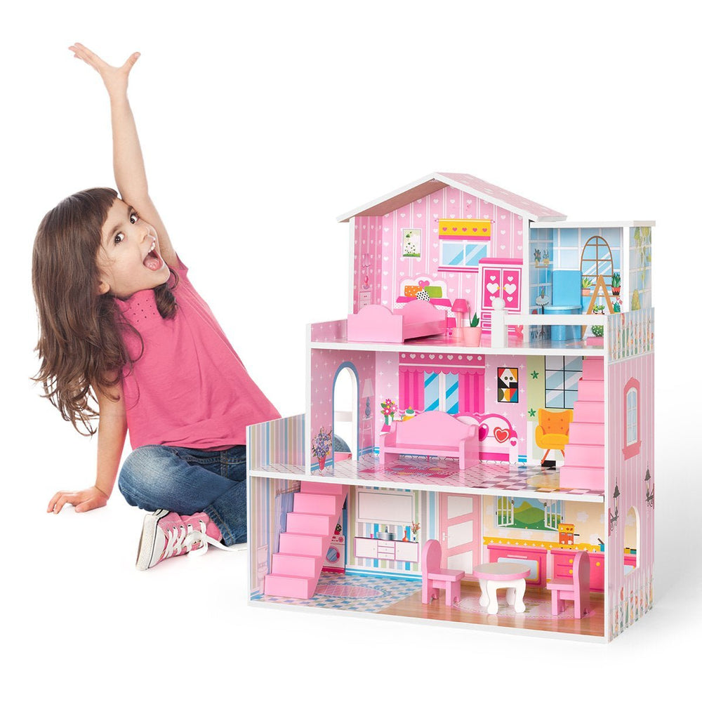 Wooden Dollhouse with Furniture Doll House Playset for Kids Image 2