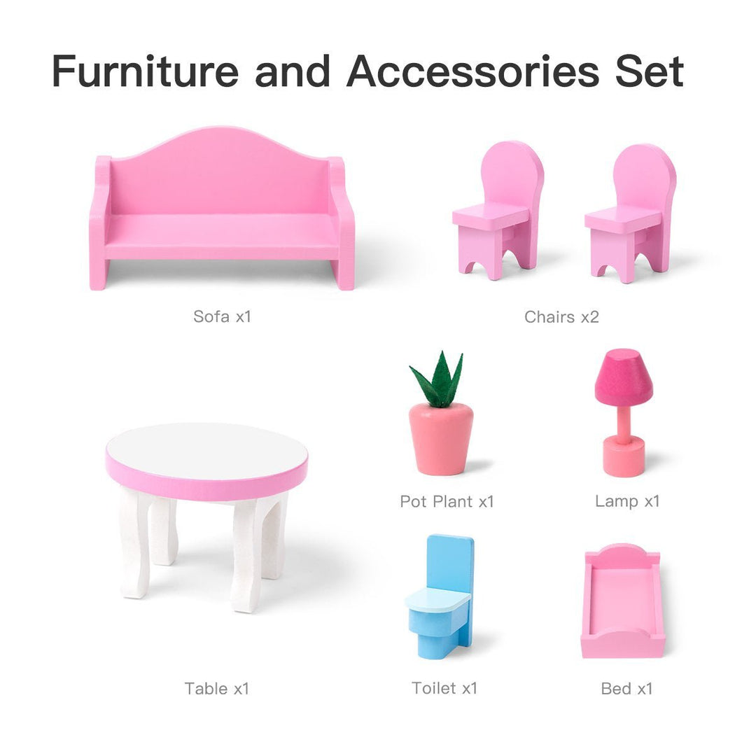 Wooden Dollhouse with Furniture Doll House Playset for Kids Image 3