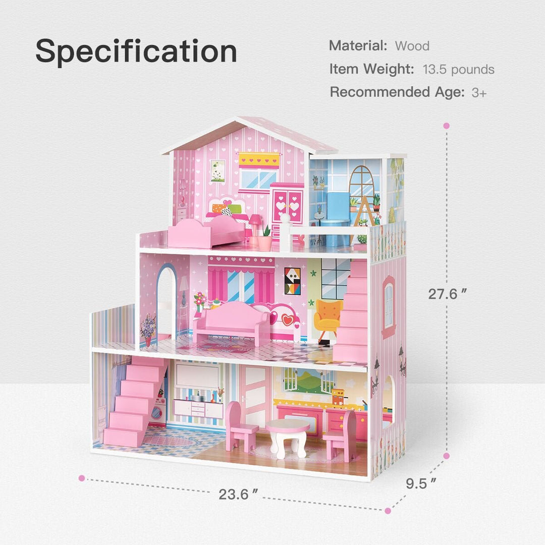 Wooden Dollhouse with Furniture Doll House Playset for Kids Image 4