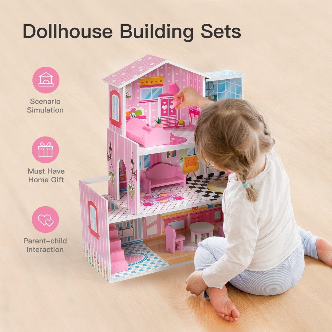 Wooden Dollhouse with Furniture Doll House Playset for Kids Image 4