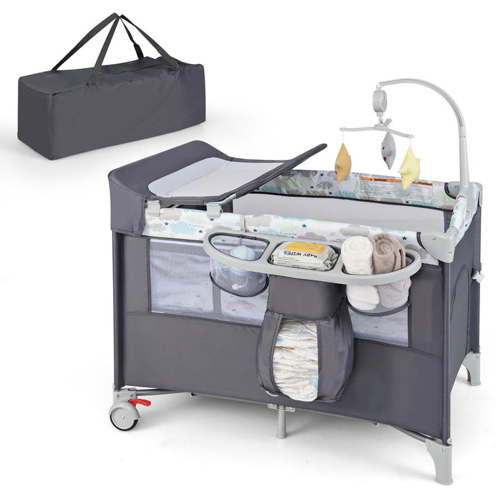 5-in-1 Baby Beside Sleeper Bassinet Portable Crib Playard w/Diaper Changer Gray Image 1