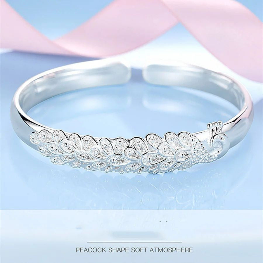 925 Sterling Silver Peacock Bracelet  Elegant Opening Screen Bangle for Women Fashion Party and Wedding Jewelry Image 4