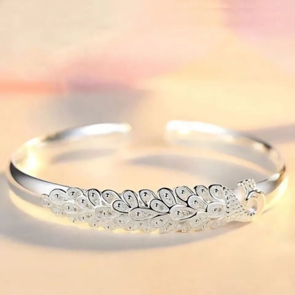 925 Sterling Silver Peacock Bracelet  Elegant Opening Screen Bangle for Women Fashion Party and Wedding Jewelry Image 4