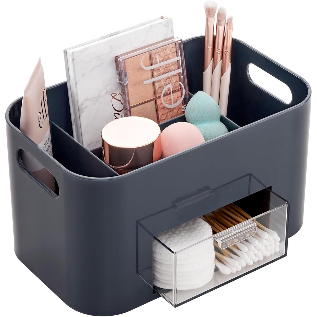 STORi Bliss 4-Compartment Plastic Vanity Organizer with Small Accessory Drawer in Grey Image 1