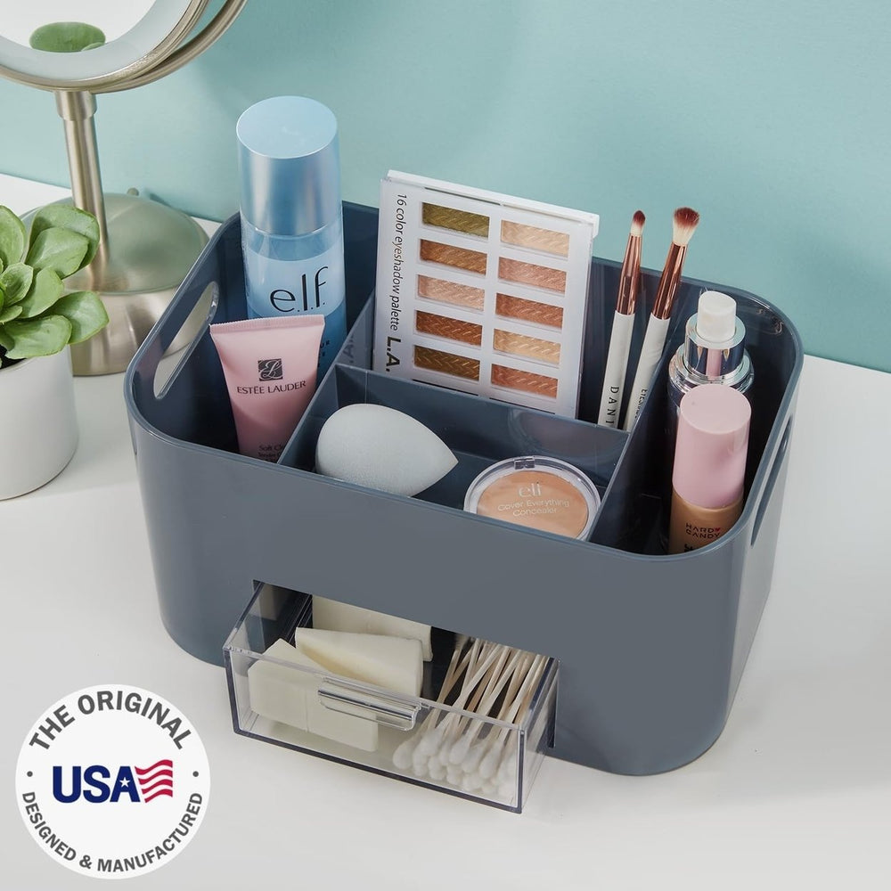 STORi Bliss 4-Compartment Plastic Vanity Organizer with Small Accessory Drawer in Grey Image 2