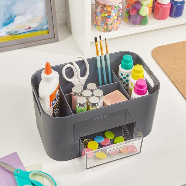 STORi Bliss 4-Compartment Plastic Vanity Organizer with Small Accessory Drawer in Grey Image 4