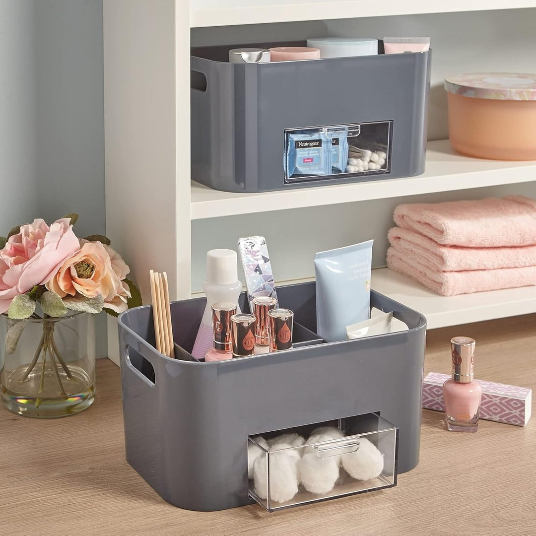 STORi Bliss 4-Compartment Plastic Vanity Organizer with Small Accessory Drawer in Grey Image 6