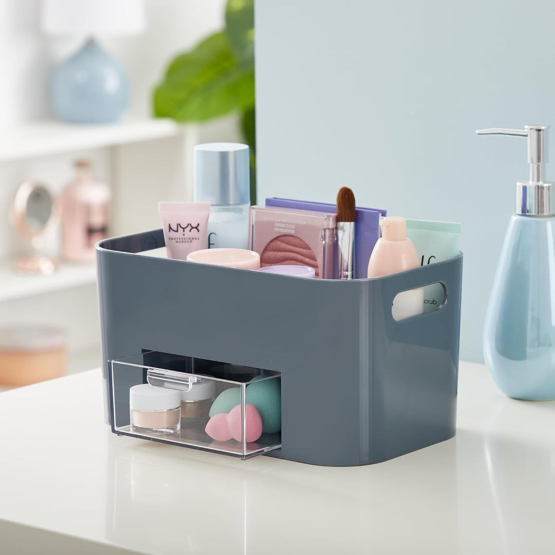 STORi Bliss 4-Compartment Plastic Vanity Organizer with Small Accessory Drawer in Grey Image 7