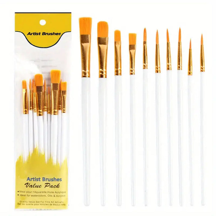 10-Pieces: Artist Paintbrush Nylon Round Pointed Flat Head Set Image 2