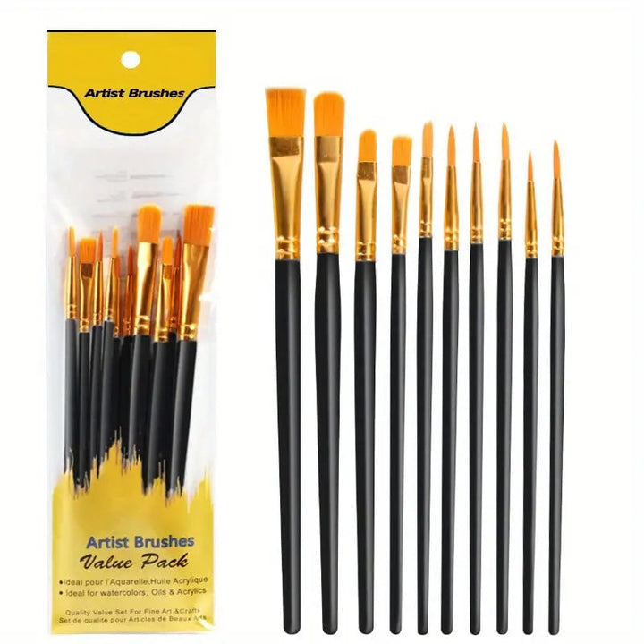 10-Pieces: Artist Paintbrush Nylon Round Pointed Flat Head Set Image 3