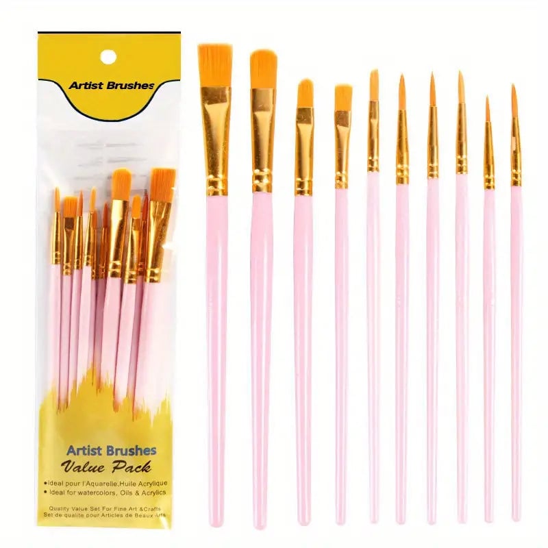 10-Pieces: Artist Paintbrush Nylon Round Pointed Flat Head Set Image 4