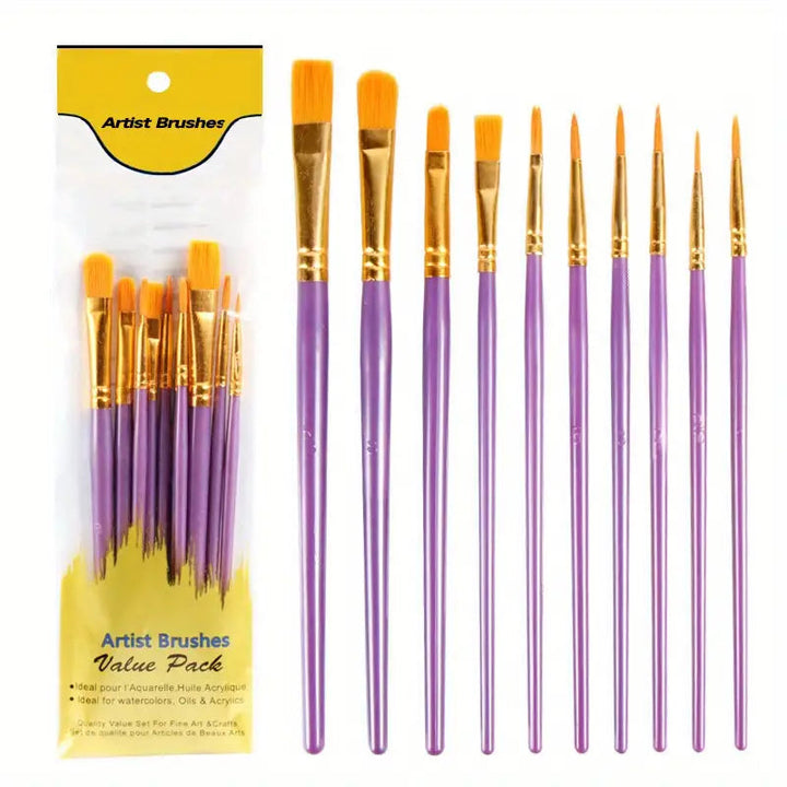 10-Pieces: Artist Paintbrush Nylon Round Pointed Flat Head Set Image 4