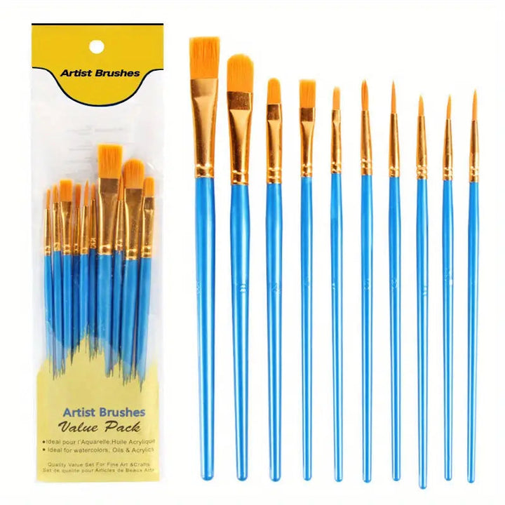 10-Pieces: Artist Paintbrush Nylon Round Pointed Flat Head Set Image 6