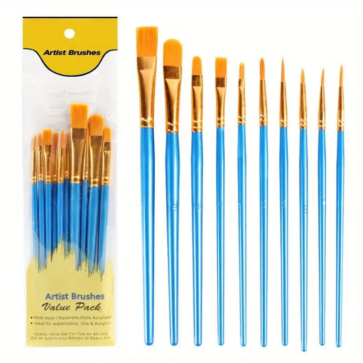 10-Pieces: Artist Paintbrush Nylon Round Pointed Flat Head Set Image 1