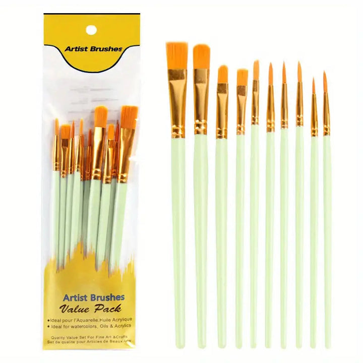 10-Pieces: Artist Paintbrush Nylon Round Pointed Flat Head Set Image 7