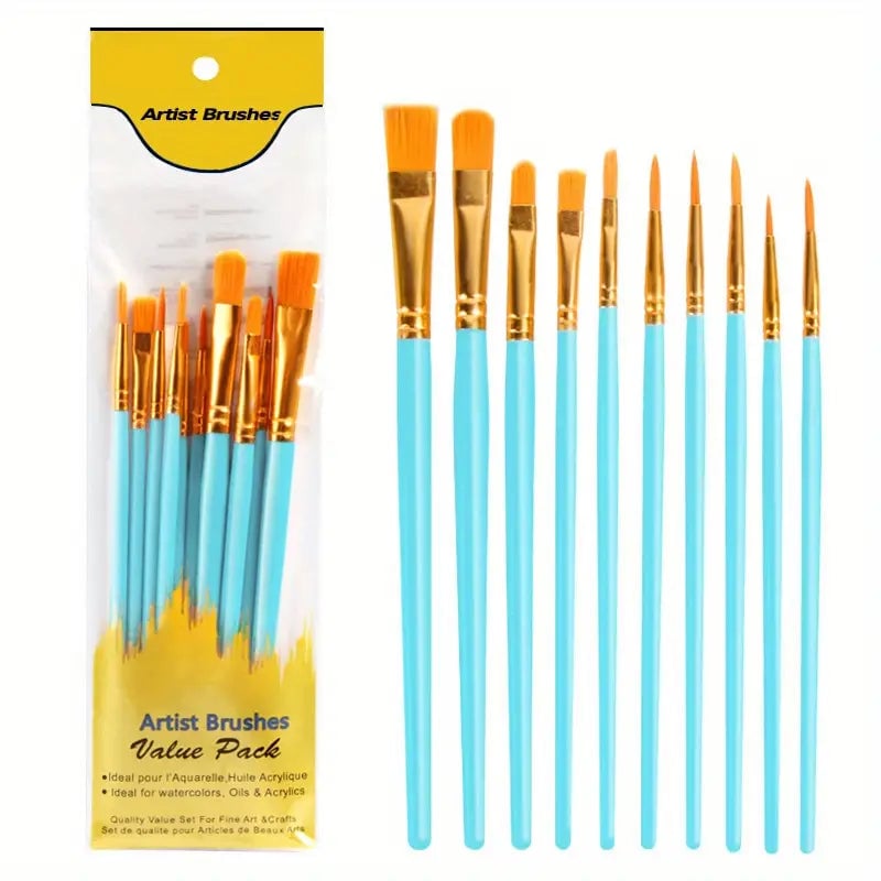 10-Pieces: Artist Paintbrush Nylon Round Pointed Flat Head Set Image 8