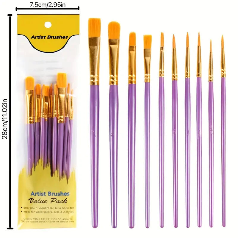 10-Pieces: Artist Paintbrush Nylon Round Pointed Flat Head Set Image 12