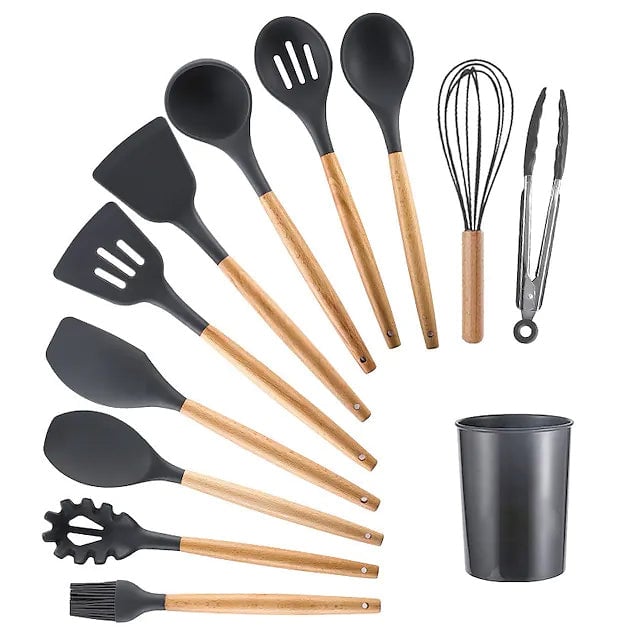 12-Piece: Wood Handle Silicone Kitchenware Image 1