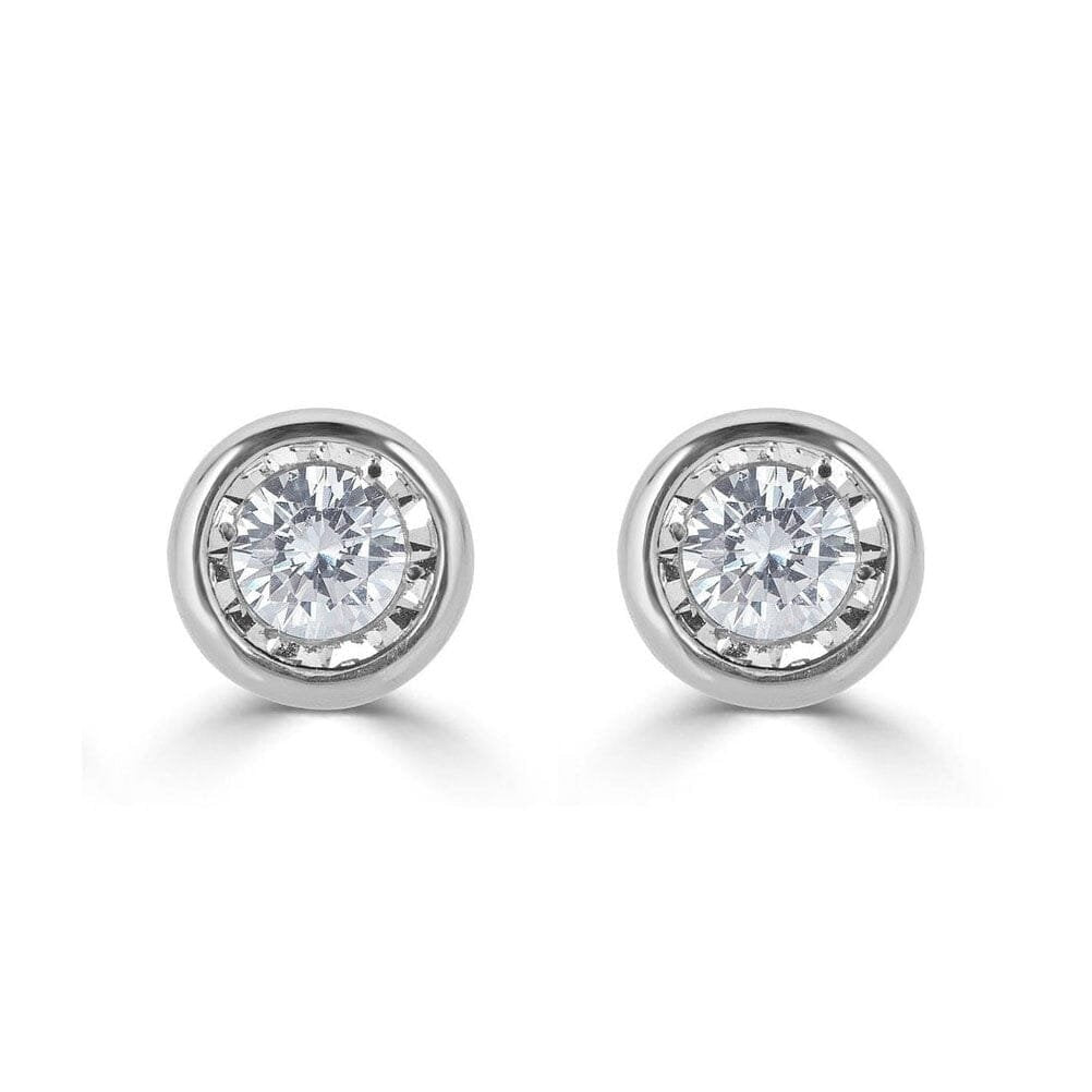 14K Solid White Gold Cubic Zirconia Round Bezel Stud Earrings Image 1