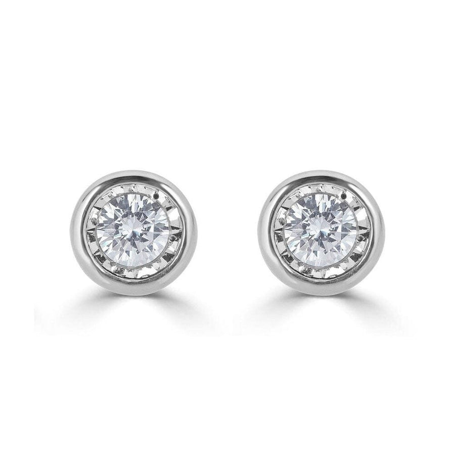 14K Solid White Gold Cubic Zirconia Round Bezel Stud Earrings Image 1