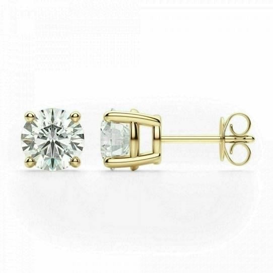 14K Solid Yellow Gold Cubic Zirconia Stud Earrings Round Basket Setting Image 1