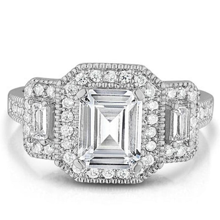 18k White Gold Tri Stone Emerald Cut Cubic Zirconia Ring Image 2