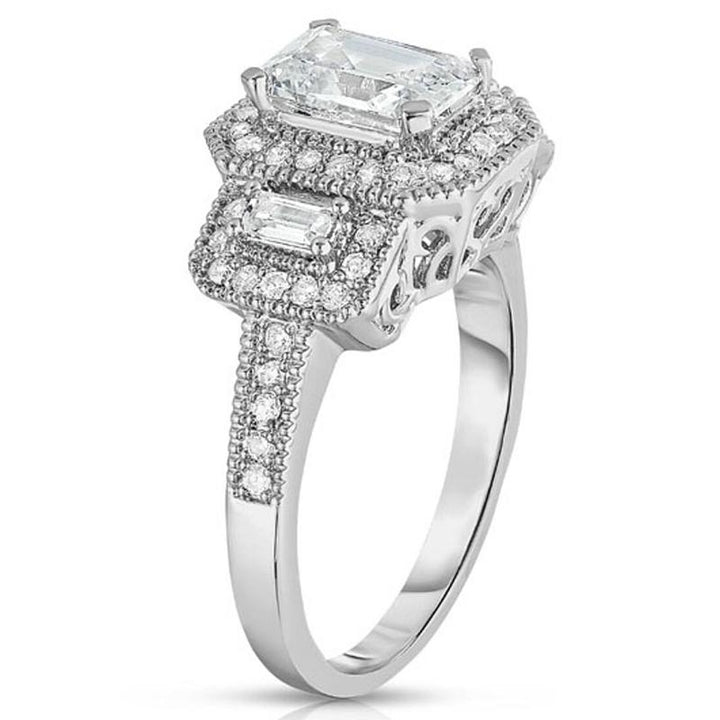 18k White Gold Tri Stone Emerald Cut Cubic Zirconia Ring Image 4