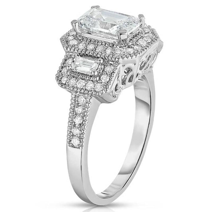 18k White Gold Tri Stone Emerald Cut Cubic Zirconia Ring Image 1