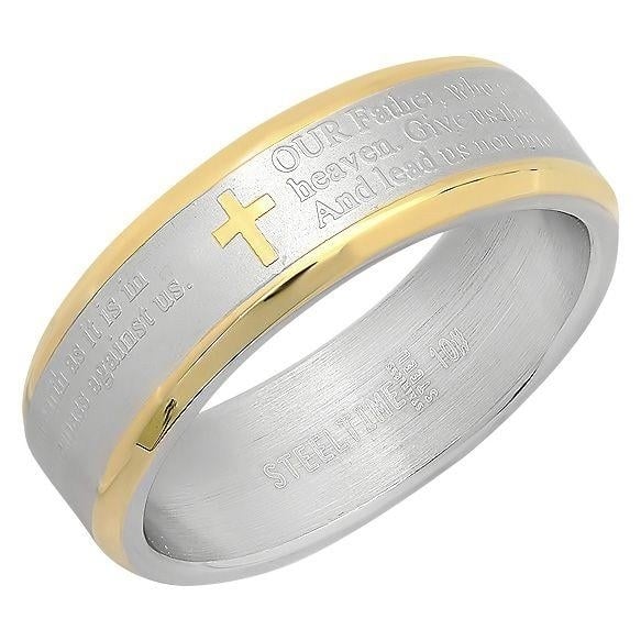 18K Gold-Plated Stainless Steel Unisex Two-Tone The Lords Prayer Cross Band Image 1