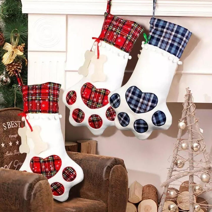 2-Pack: Plaid Christmas Pet Dog Cat Paw Hanging Stocking Socks Image 1