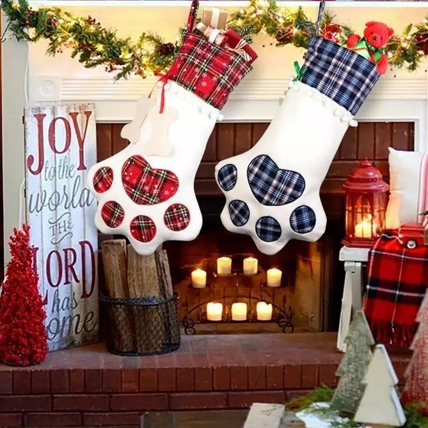 2-Pack: Plaid Christmas Pet Dog Cat Paw Hanging Stocking Socks Image 7